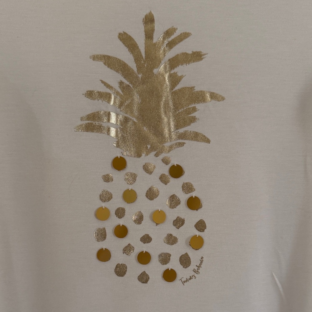Tommy Bahama White Long Sleeve Tee with Gold Pineapple sequin Graphic design - Picture 6 of 13